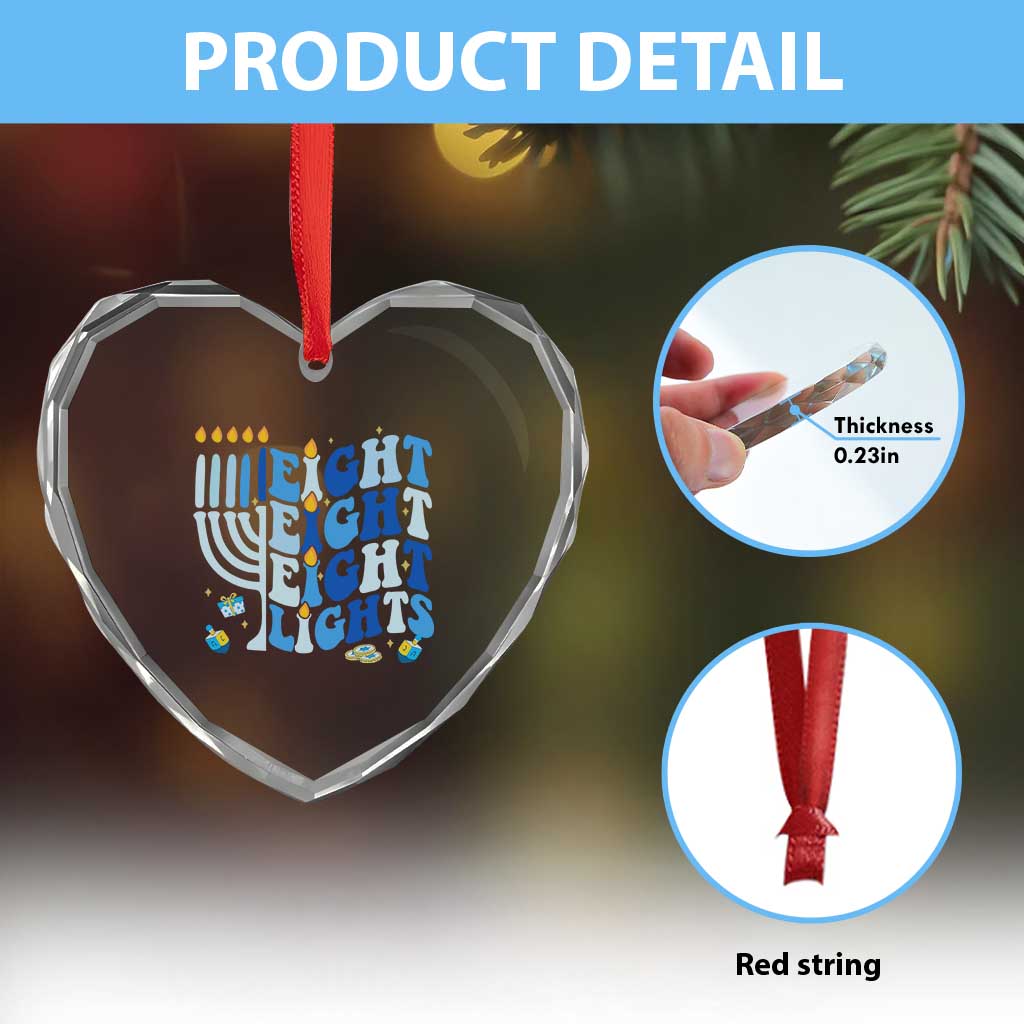 Happy Hanukkah Heart Crystal Glass Ornament Retro Groovy Eight Nights and Eight Lights - Wonder Print Shop