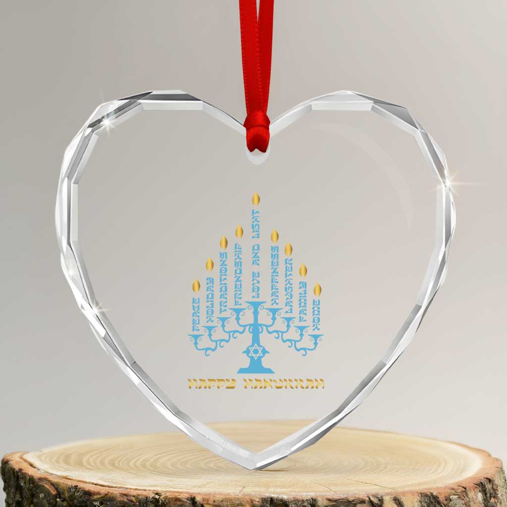 Happy Hanukkah Menorah Chanukah Jewish Holiday Heart Crystal Glass Ornament - Wonder Print Shop