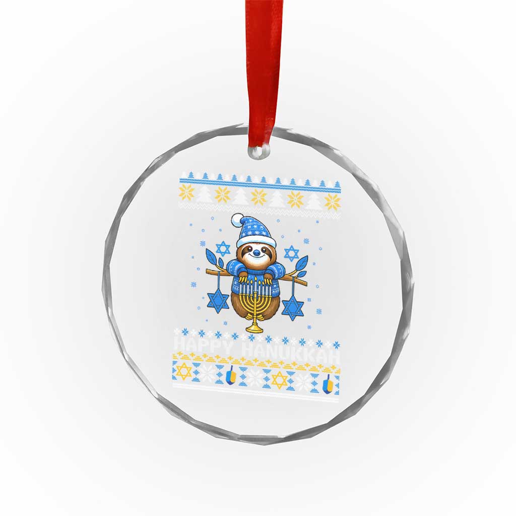 Happy Hanukkah Ugly Sweater Crystal Glass Ornament Funny Sloth Carrying Menorah Jewish Gift - Wonder Print Shop
