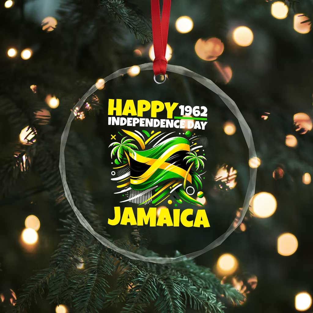 Happy Jamaican Independence Day 1962 Graphic Crystal Glass Ornament Jamaica Waving Flag and Palm Trees Caribbean Pride