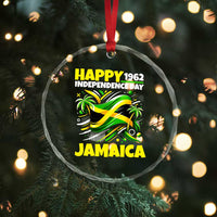 Happy Jamaican Independence Day 1962 Graphic Crystal Glass Ornament Jamaica Waving Flag and Palm Trees Caribbean Pride