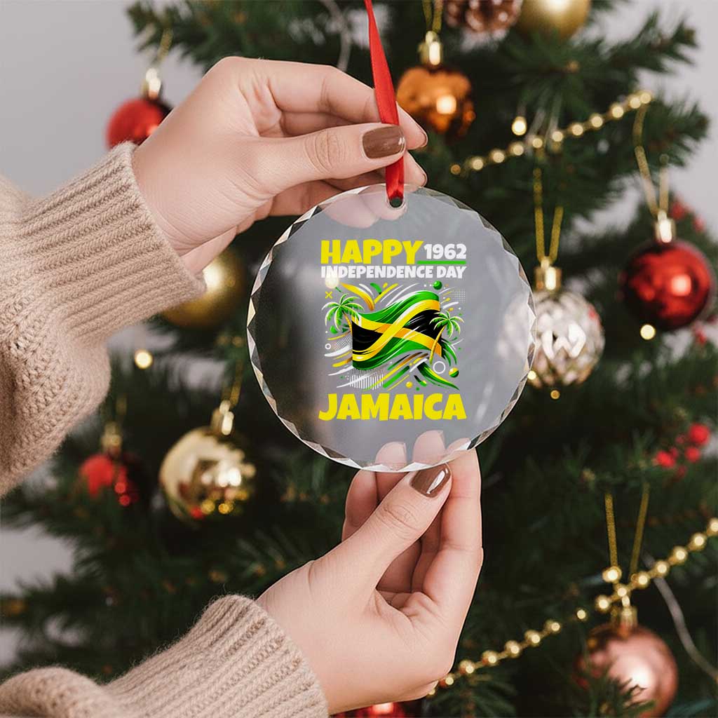 Happy Jamaican Independence Day 1962 Graphic Crystal Glass Ornament Jamaica Waving Flag and Palm Trees Caribbean Pride