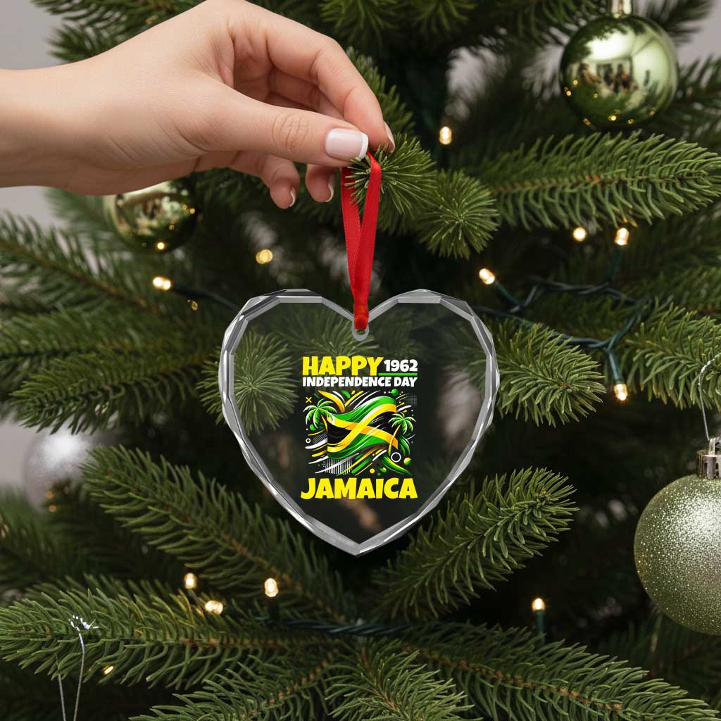 Happy Jamaican Independence Day 1962 Graphic Heart Crystal Glass Ornament Jamaica Waving Flag and Palm Trees Caribbean Pride
