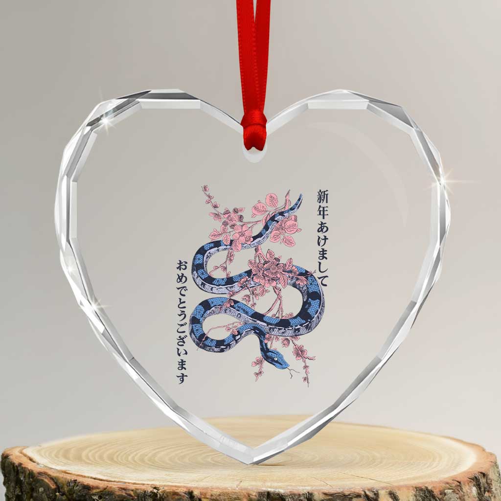Happy Japanese New Year 2025 Heart Crystal Glass Ornament Year Of The Snake Sakura Cherry Blossom - Wonder Print Shop