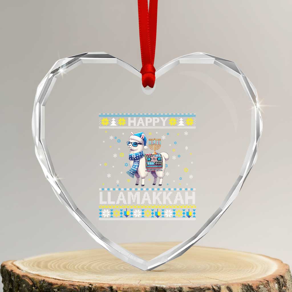 Happy LLamakkah Heart Crystal Glass Ornament Funny Llama Ugly Hanukkah Christmas Gift - Wonder Print Shop