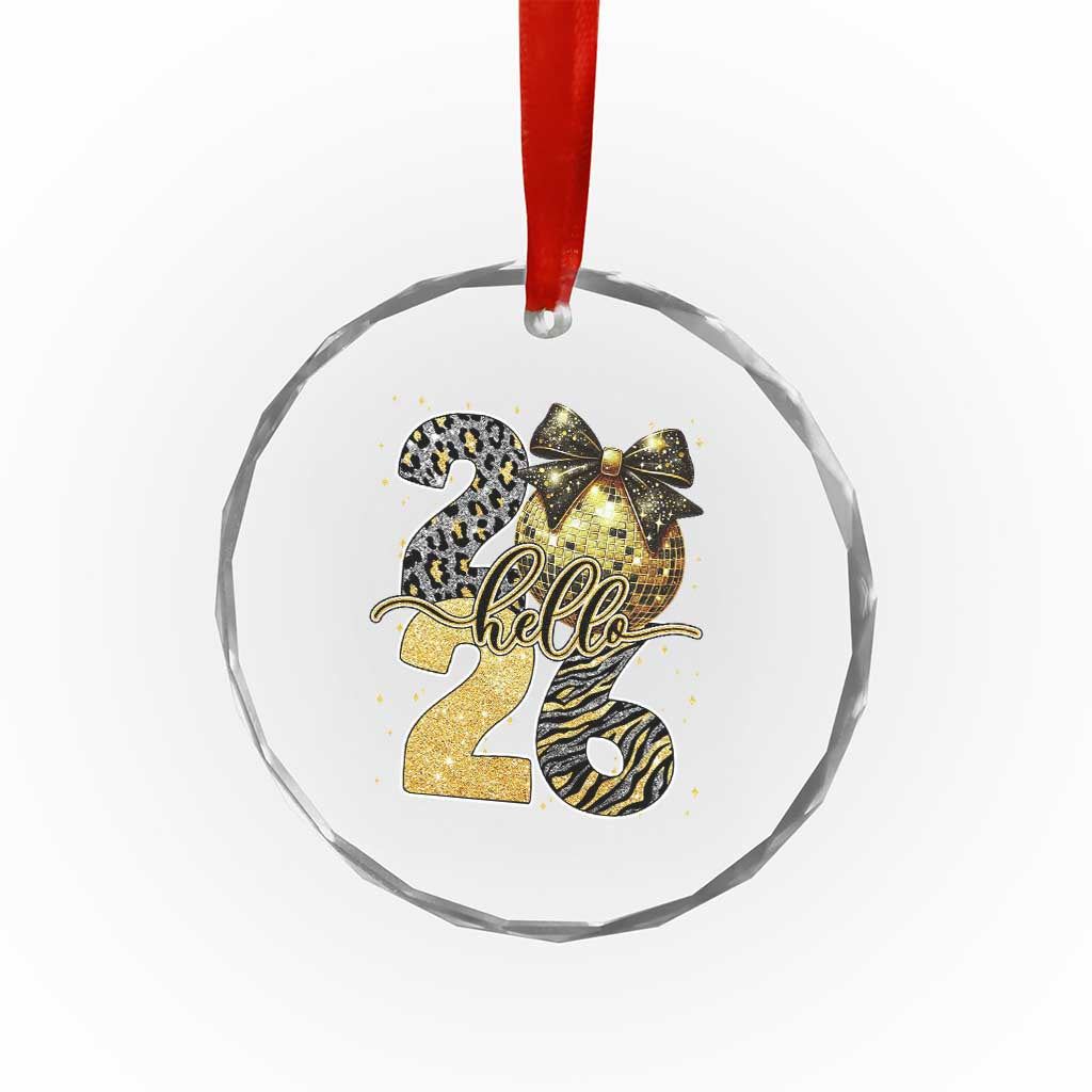 Happy New Year 2026 Crystal Glass Ornament Hello 2026 Disco Ball Coquette Bow Faux Glitter - Wonder Print Shop