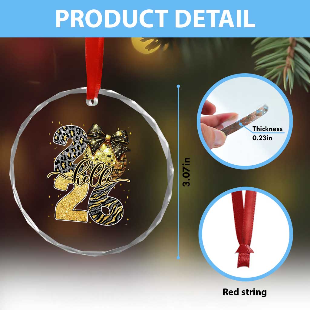 Happy New Year 2026 Crystal Glass Ornament Hello 2026 Disco Ball Coquette Bow Faux Glitter - Wonder Print Shop