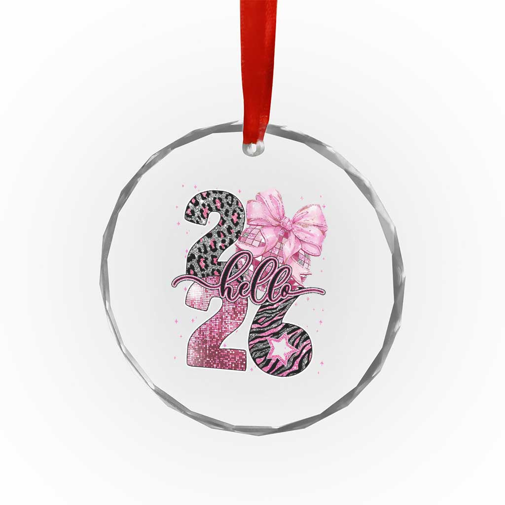 Happy New Year 2026 Crystal Glass Ornament Hello 2026 Disco Ball Pink Coquette Bow Faux Glitter - Wonder Print Shop