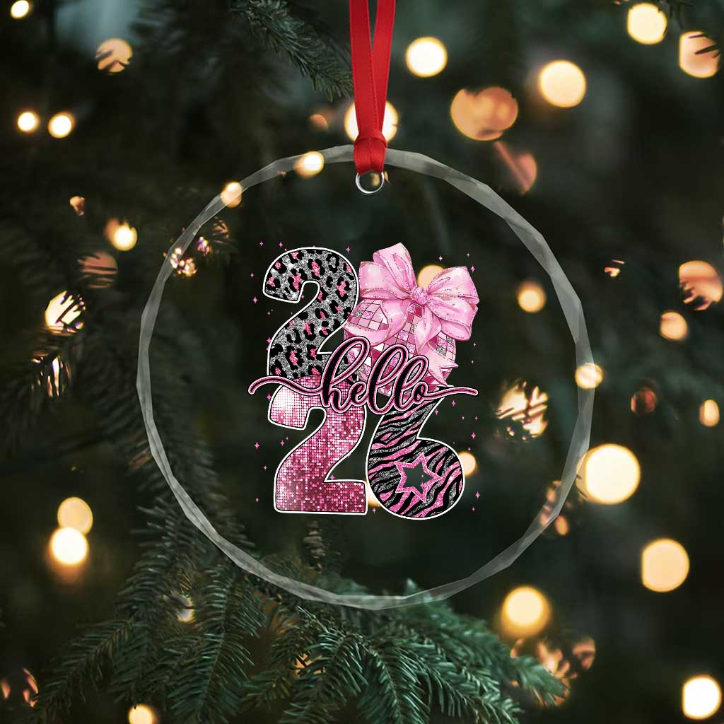 Happy New Year 2026 Crystal Glass Ornament Hello 2026 Disco Ball Pink Coquette Bow Faux Glitter - Wonder Print Shop