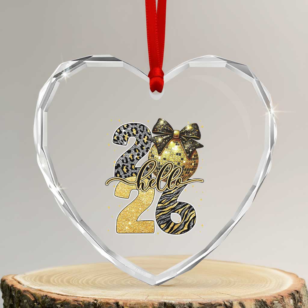 Happy New Year 2026 Heart Crystal Glass Ornament Hello 2026 Disco Ball Coquette Bow Faux Glitter - Wonder Print Shop