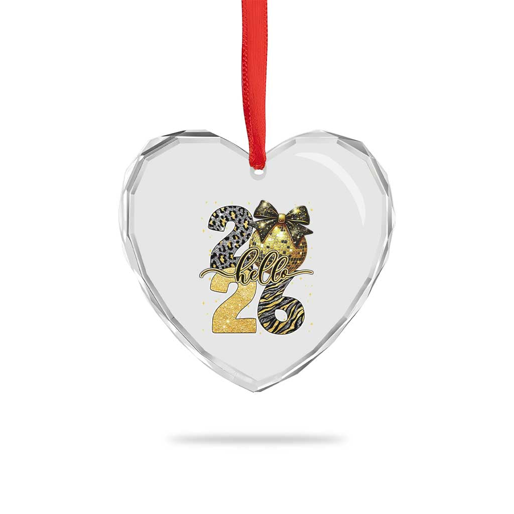 Happy New Year 2026 Heart Crystal Glass Ornament Hello 2026 Disco Ball Coquette Bow Faux Glitter - Wonder Print Shop