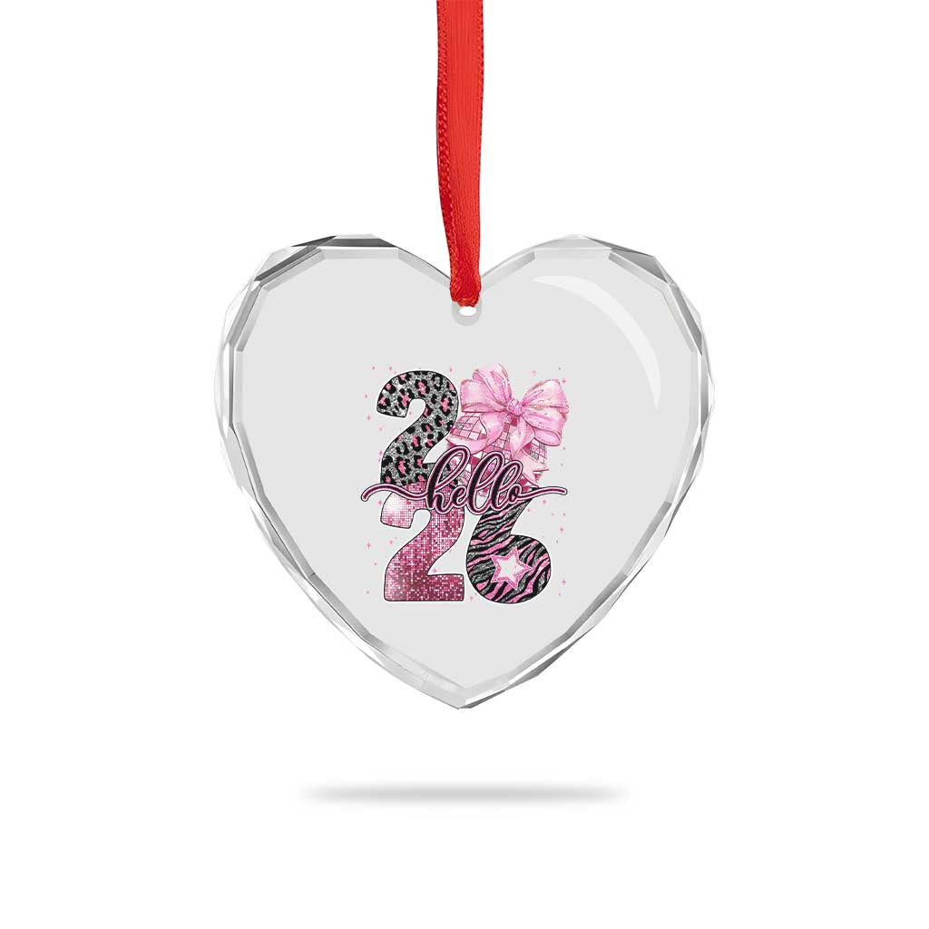 Happy New Year 2026 Heart Crystal Glass Ornament Hello 2026 Disco Ball Pink Coquette Bow Faux Glitter - Wonder Print Shop