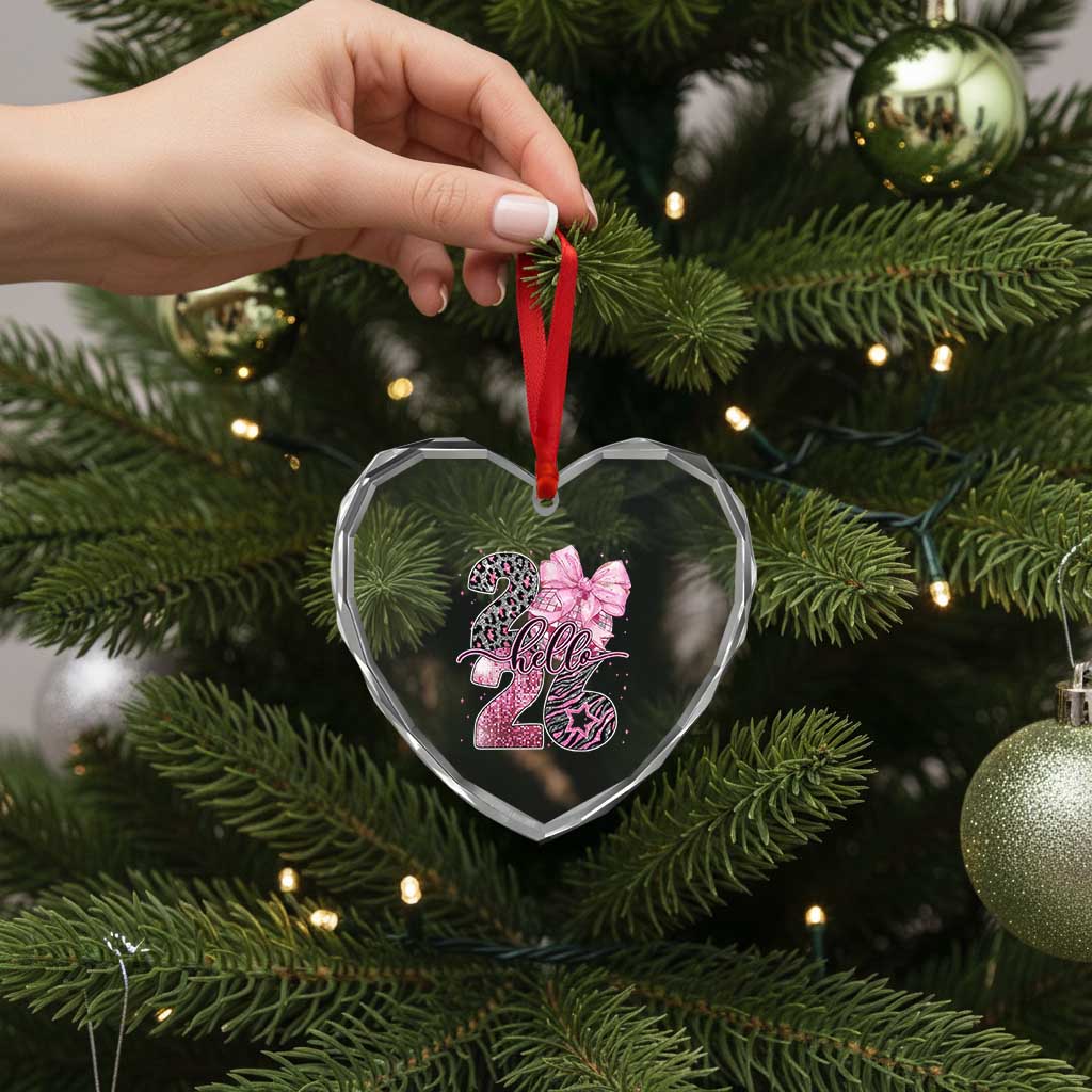 Happy New Year 2026 Heart Crystal Glass Ornament Hello 2026 Disco Ball Pink Coquette Bow Faux Glitter - Wonder Print Shop