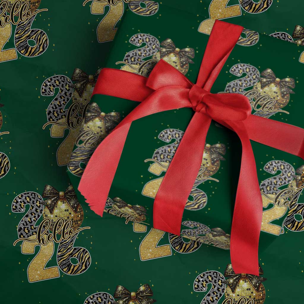 Happy New Year 2026 Wrapping Paper Roll Hello 2026 Disco Ball Coquette Bow Faux Glitter - Wonder Print Shop