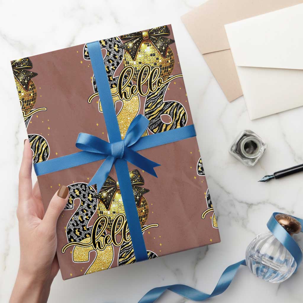 Happy New Year 2026 Wrapping Paper Roll Hello 2026 Disco Ball Coquette Bow Faux Glitter - Wonder Print Shop