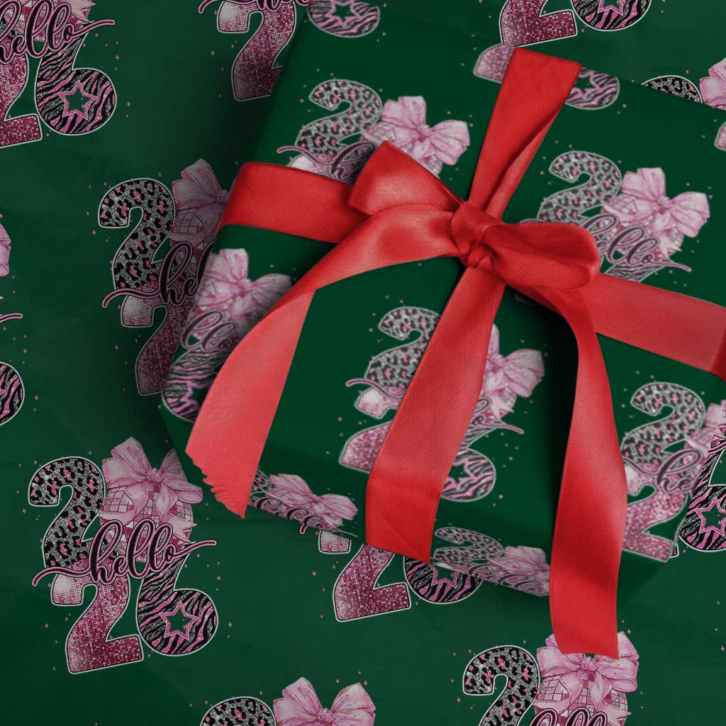 Happy New Year 2026 Wrapping Paper Roll Hello 2026 Disco Ball Pink Coquette Bow Faux Glitter - Wonder Print Shop