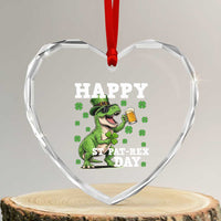 Happy St Pat Rex Day Heart Crystal Glass Ornament Funny Dinosaur Drinking Beer