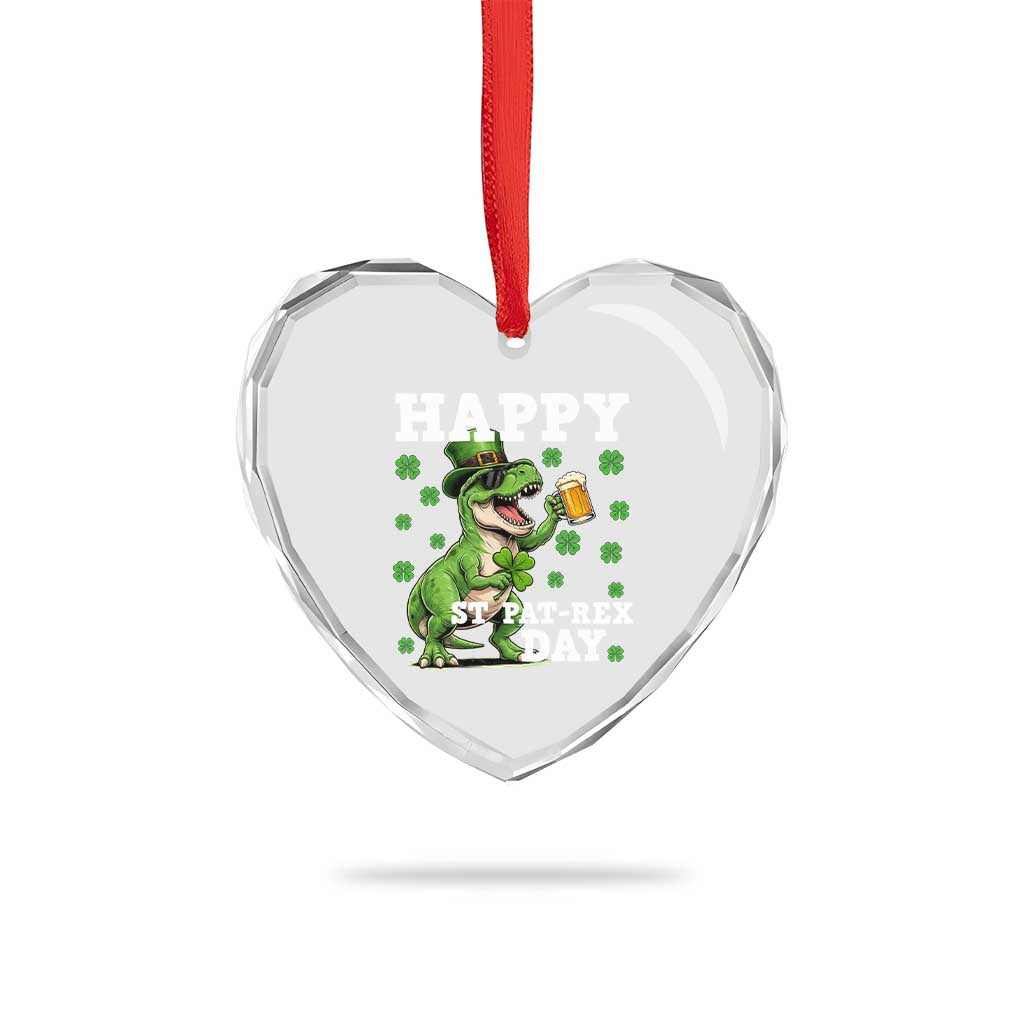 Happy St Pat Rex Day Heart Crystal Glass Ornament Funny Dinosaur Drinking Beer