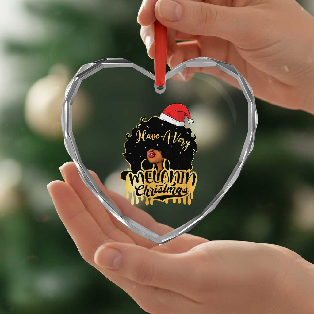 Have A Melanin Xmas African American Santa Girl Xmas Heart Crystal Glass Ornament - Wonder Print Shop