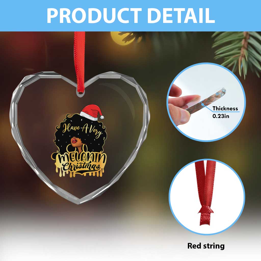Have A Melanin Xmas African American Santa Girl Xmas Heart Crystal Glass Ornament - Wonder Print Shop