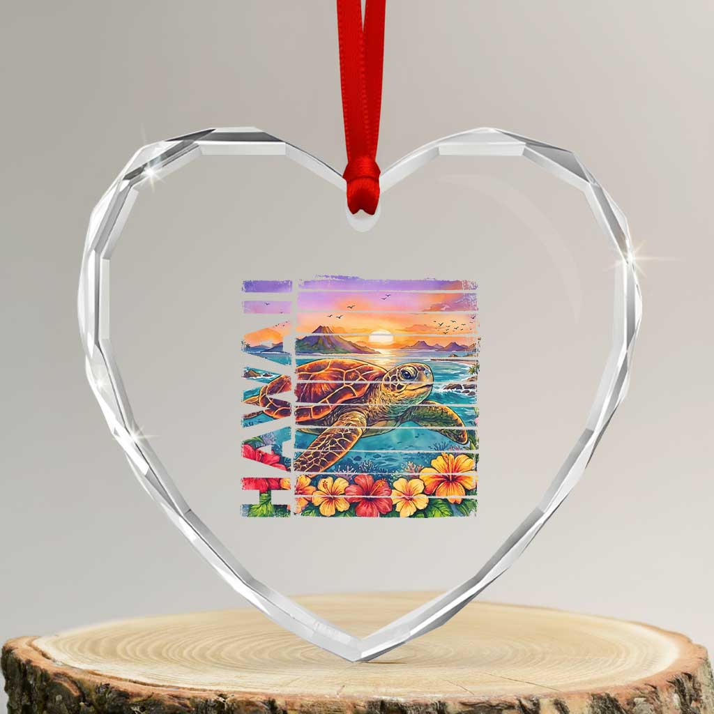 Hawaii Sea Turtle Heart Crystal Glass Ornament Tropical Sunset Island Vacation Gift