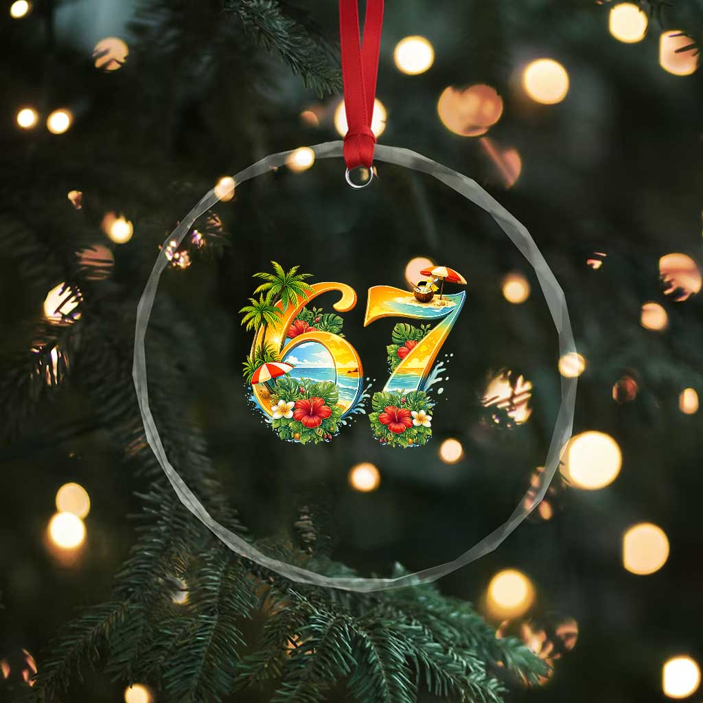 Hawaii Six Seven Crystal Glass Ornament Tropical Hibiscus Vacation Graphic