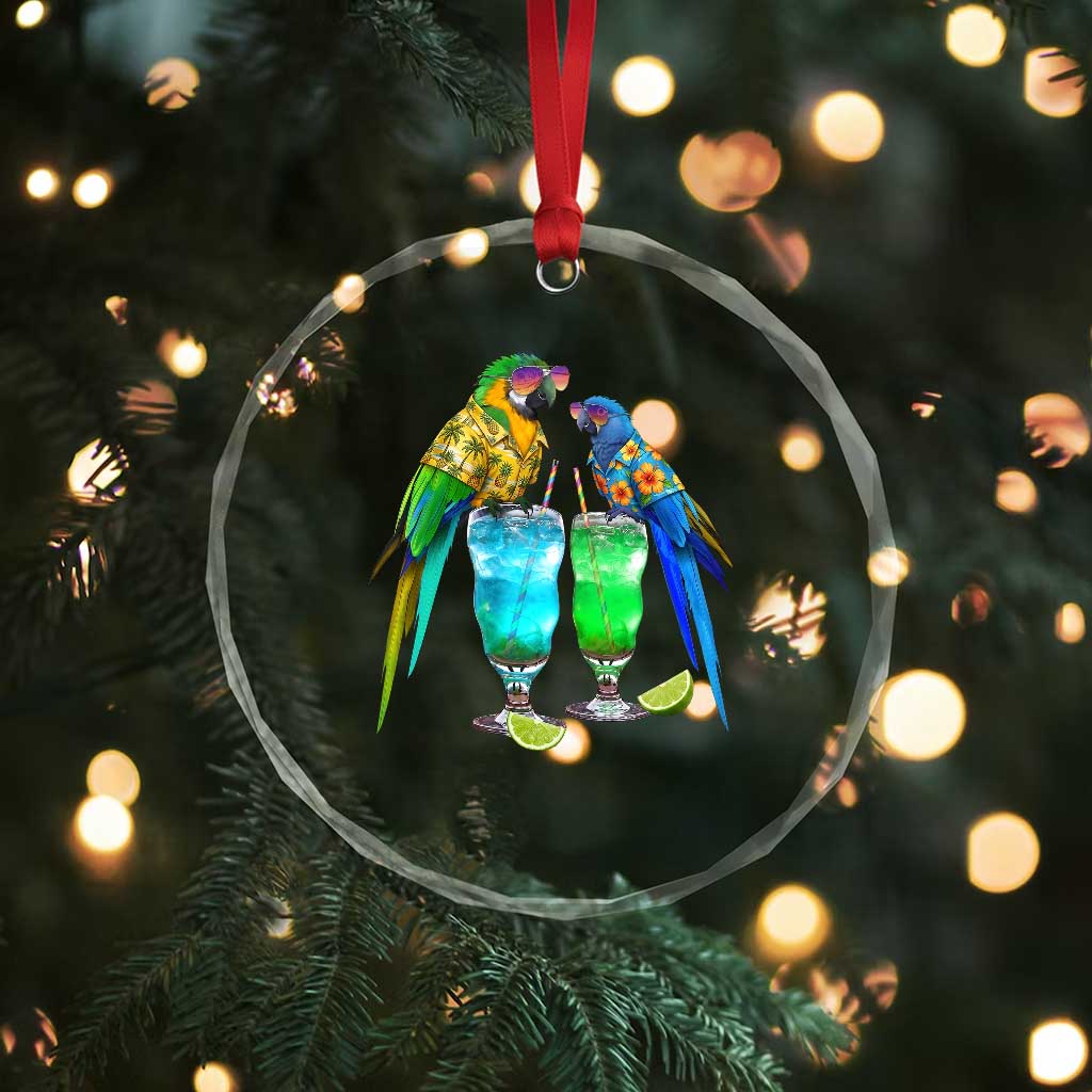 Hawaiian Parrots Drinking Margaritas Crystal Glass Ornament Beach Vacation Gift