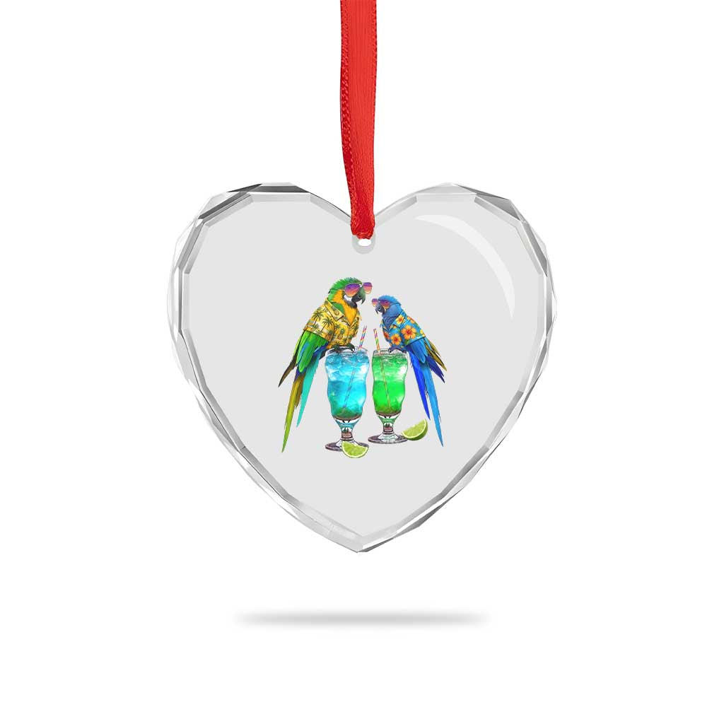 Hawaiian Parrots Drinking Margaritas Heart Crystal Glass Ornament Beach Vacation Gift