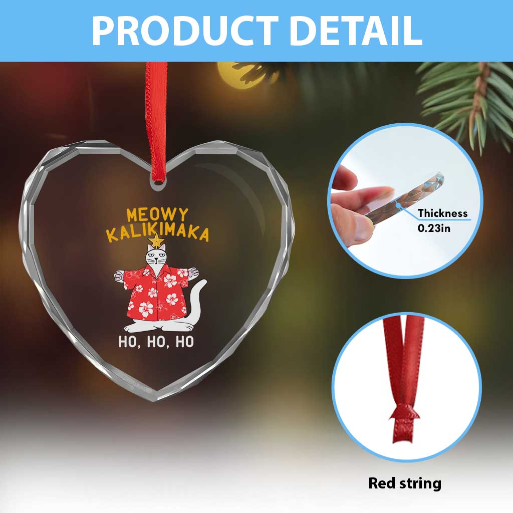 Hawaiian Xmas Cute Cat Heart Crystal Glass Ornament Meowy Kalikimaka Hawaiian Cat Ho Ho Ho Xmas Tree - Wonder Print Shop