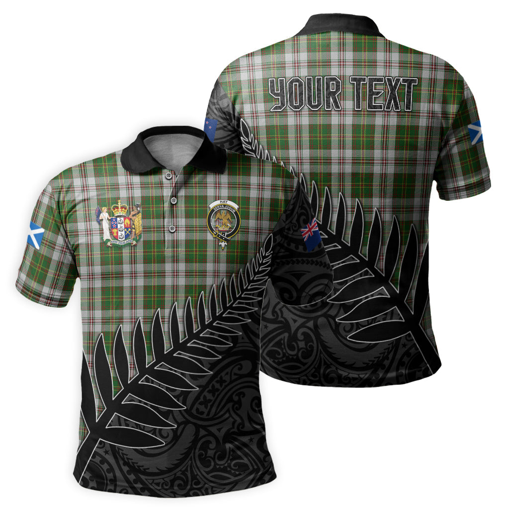 hay-white-dress-tartan-family-crest-golf-shirt-with-fern-leaves-and-coat-of-arm-of-new-zealand-personalized-your-name-scottish-tatan-polo-shirt