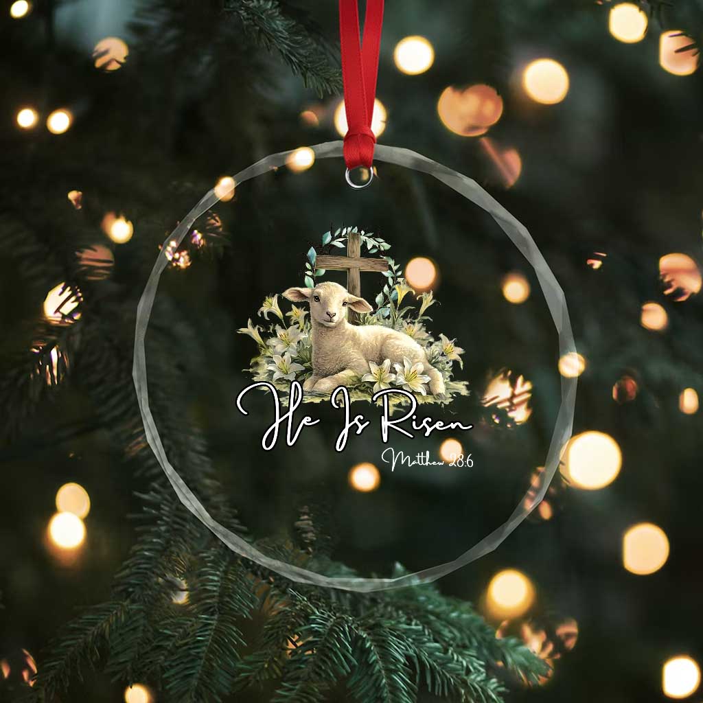 He Is Risen Crystal Glass Ornament Christian Religious Easter Day Bible Verse Sheep - Wonder Print Shop