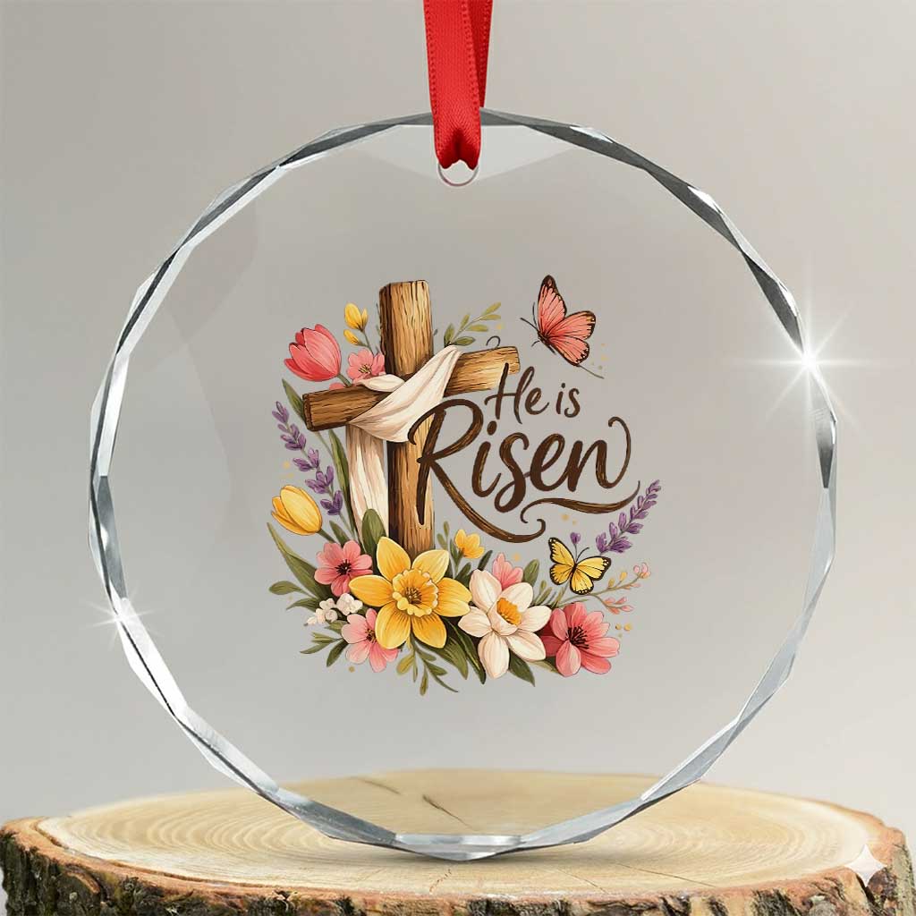 He Is Risen Floral Cross Christian Easter Crystal Glass Ornament Spring Flowers Butterfly Faith Inspirational Gift