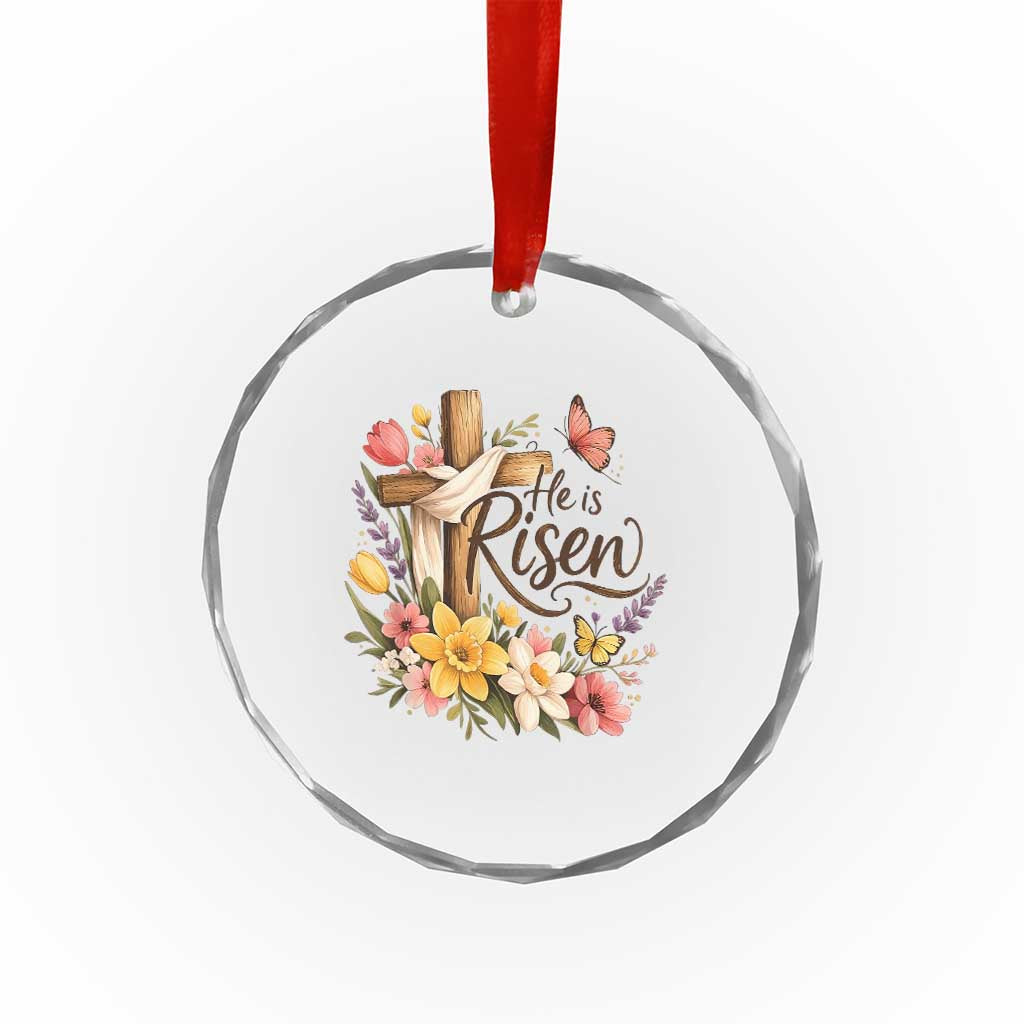 He Is Risen Floral Cross Christian Easter Crystal Glass Ornament Spring Flowers Butterfly Faith Inspirational Gift
