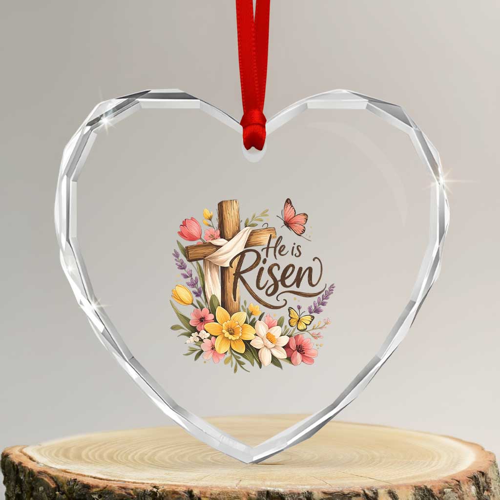 He Is Risen Floral Cross Christian Easter Heart Crystal Glass Ornament Spring Flowers Butterfly Faith Inspirational Gift