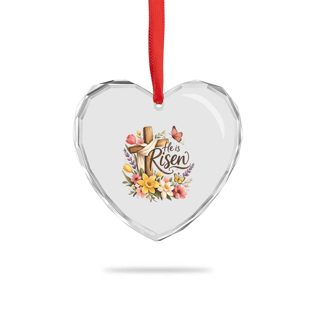 He Is Risen Floral Cross Christian Easter Heart Crystal Glass Ornament Spring Flowers Butterfly Faith Inspirational Gift