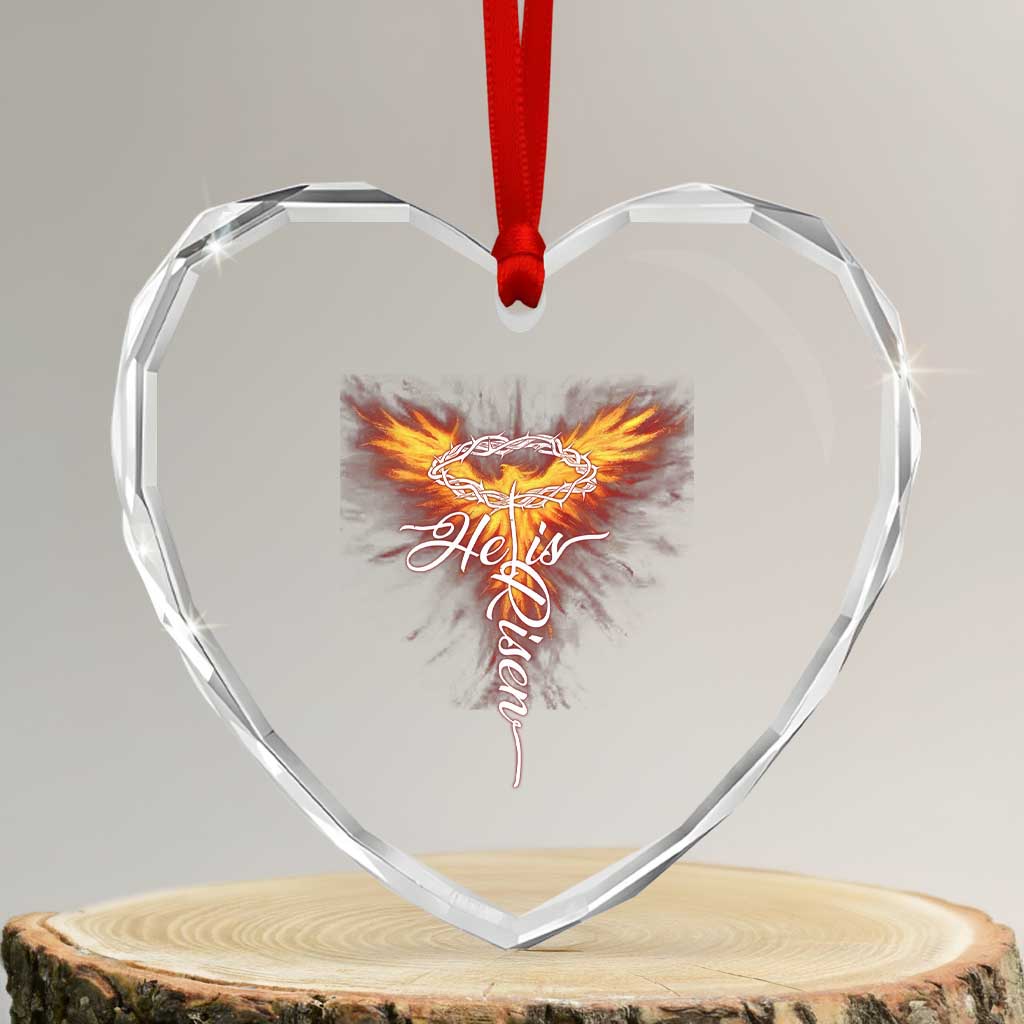 He Is Risen Heart Crystal Glass Ornament Jesus Resurrection Easter Christian Cross Phoenix Rising - Wonder Print Shop