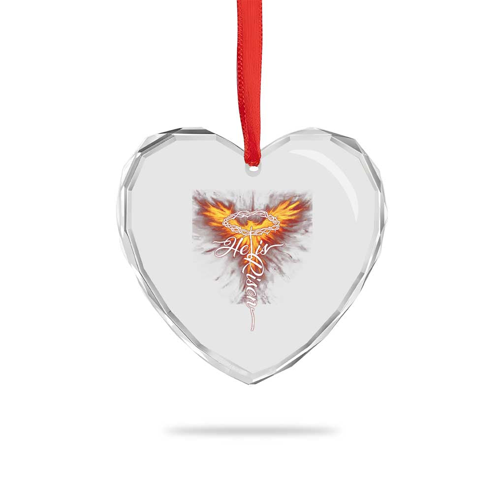 He Is Risen Heart Crystal Glass Ornament Jesus Resurrection Easter Christian Cross Phoenix Rising - Wonder Print Shop