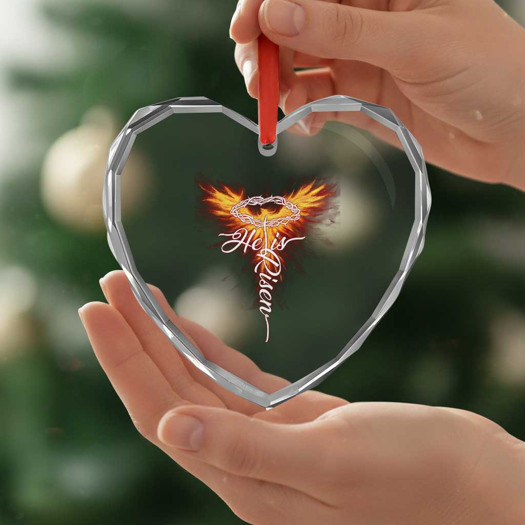 He Is Risen Heart Crystal Glass Ornament Jesus Resurrection Easter Christian Cross Phoenix Rising - Wonder Print Shop