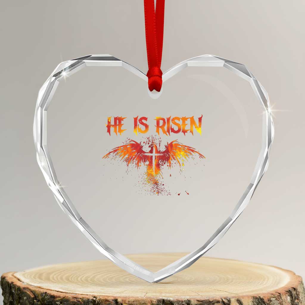 He Is Risen Heart Crystal Glass Ornament Phoenix Christian Jesus Resurrection Cross - Wonder Print Shop