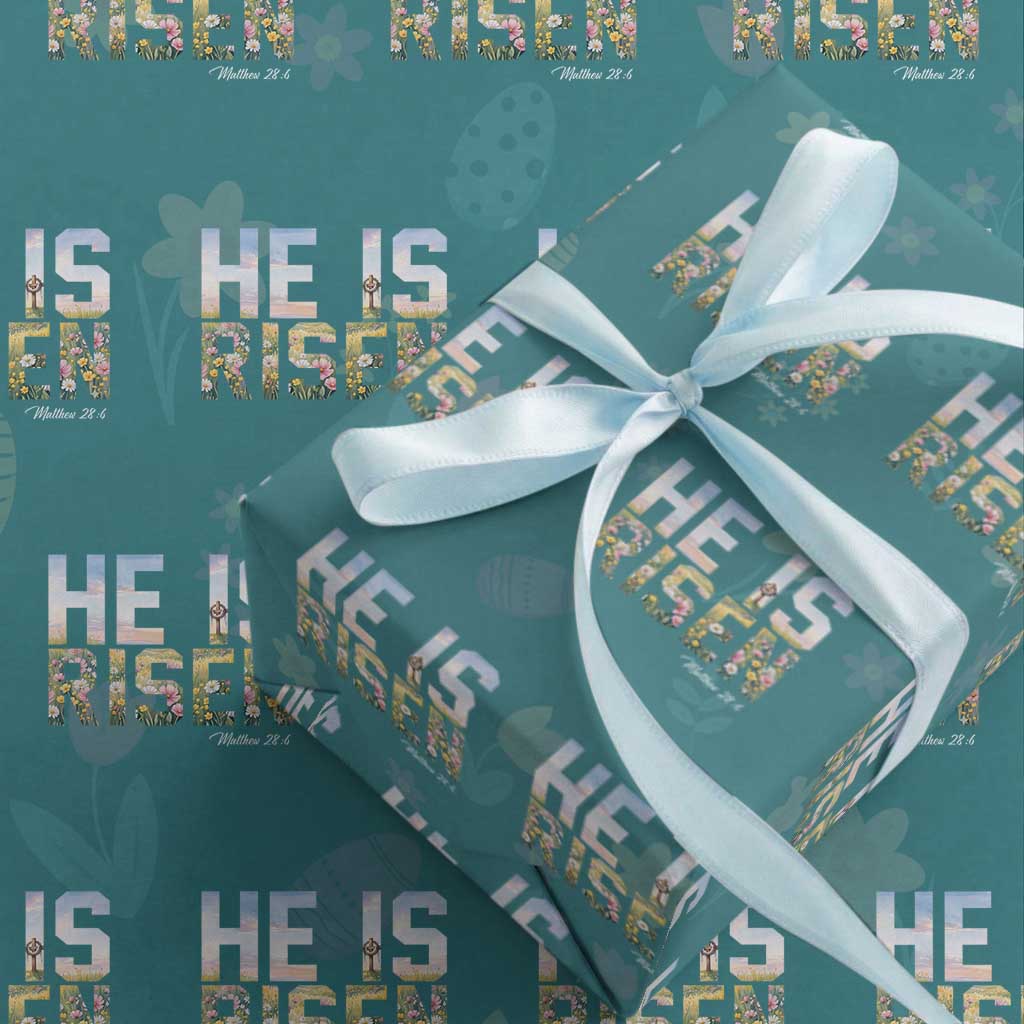 He Is Risen Matthew 28:6 Floral Christian Easter Wrapping Paper Roll Spring Flowers Cross Landscape Faith Inspirational Gift