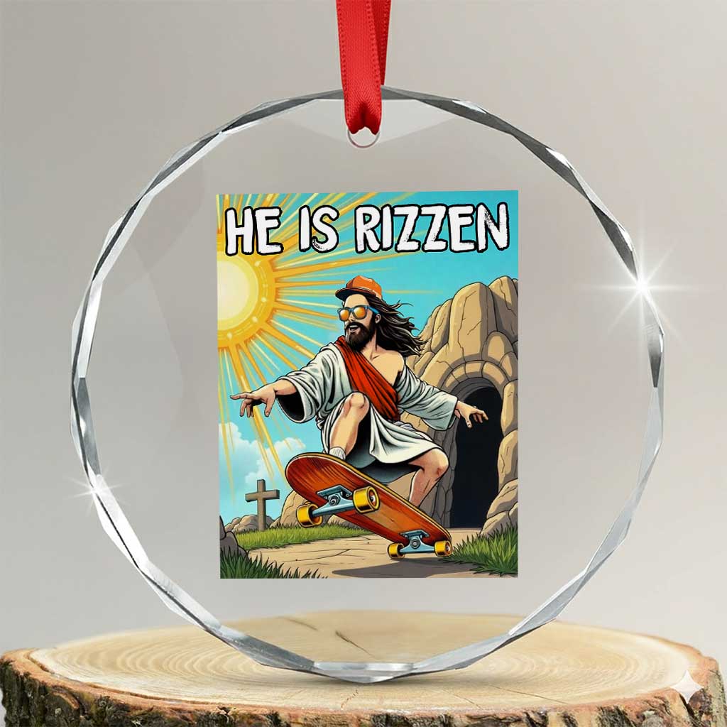 He is Rizzen Crystal Glass Ornament Funny Jesus Skateboarding Christian Meme - Wonder Print Shop