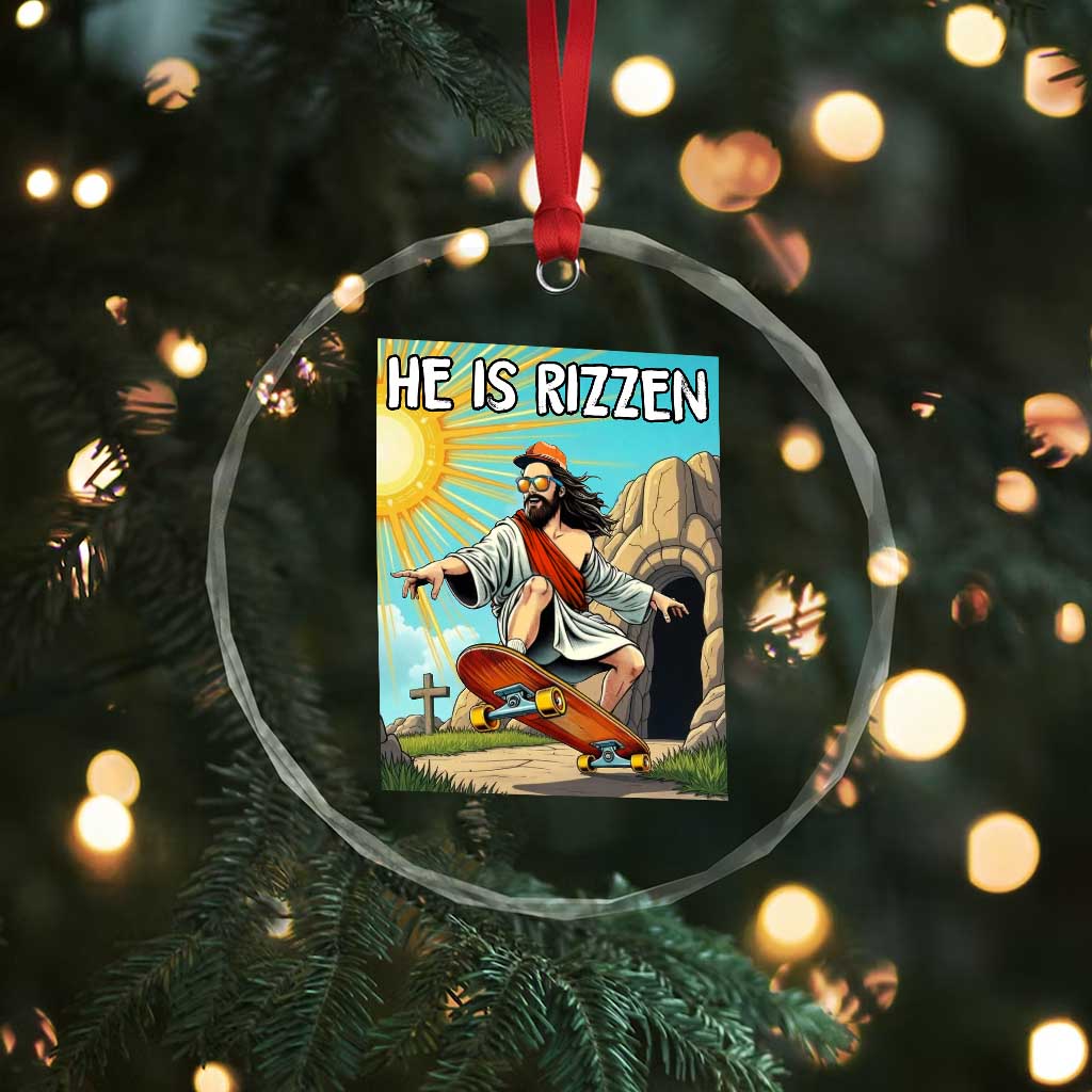 He is Rizzen Crystal Glass Ornament Funny Jesus Skateboarding Christian Meme - Wonder Print Shop