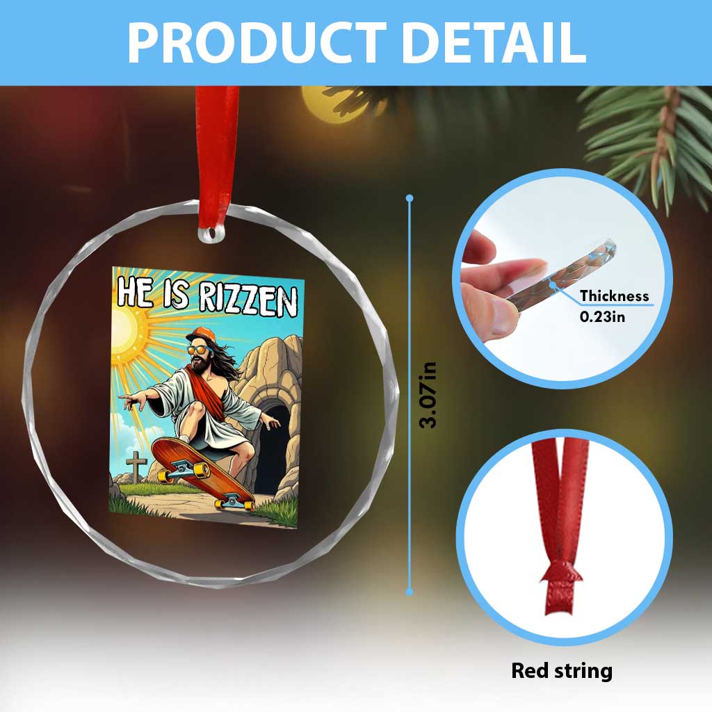 He is Rizzen Crystal Glass Ornament Funny Jesus Skateboarding Christian Meme - Wonder Print Shop