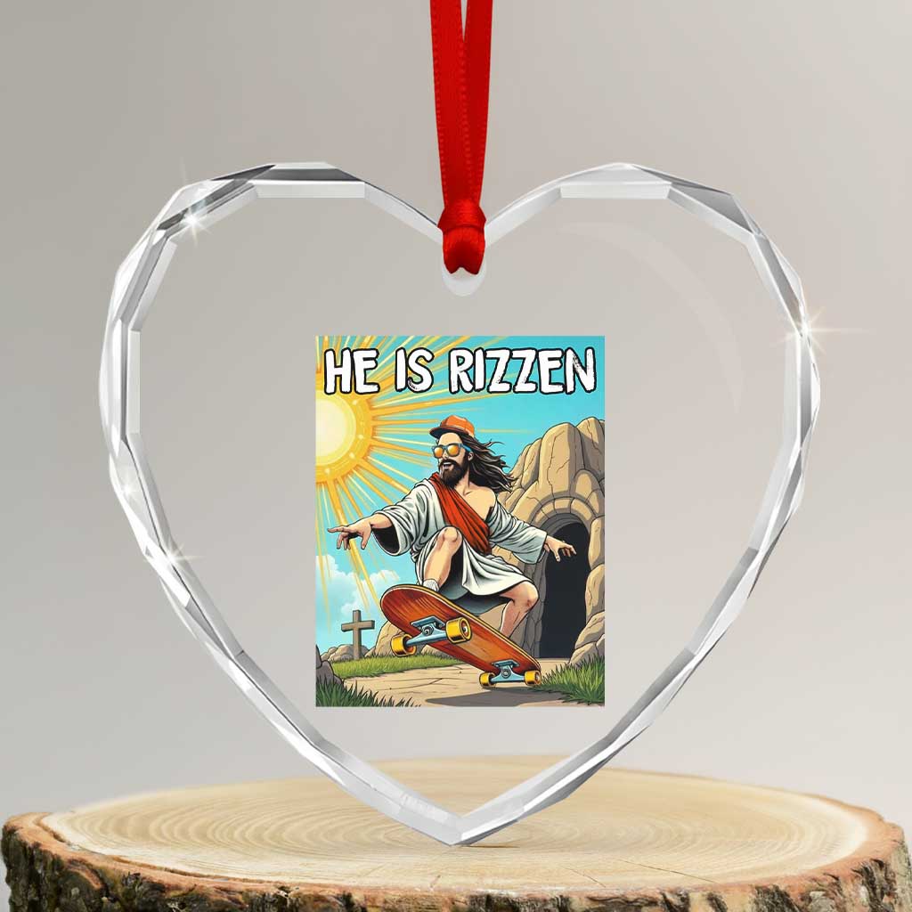 He is Rizzen Heart Crystal Glass Ornament Funny Jesus Skateboarding Christian Meme - Wonder Print Shop