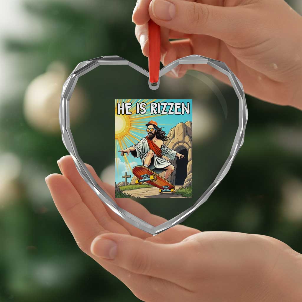 He is Rizzen Heart Crystal Glass Ornament Funny Jesus Skateboarding Christian Meme - Wonder Print Shop