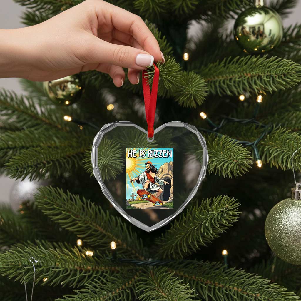 He is Rizzen Heart Crystal Glass Ornament Funny Jesus Skateboarding Christian Meme - Wonder Print Shop