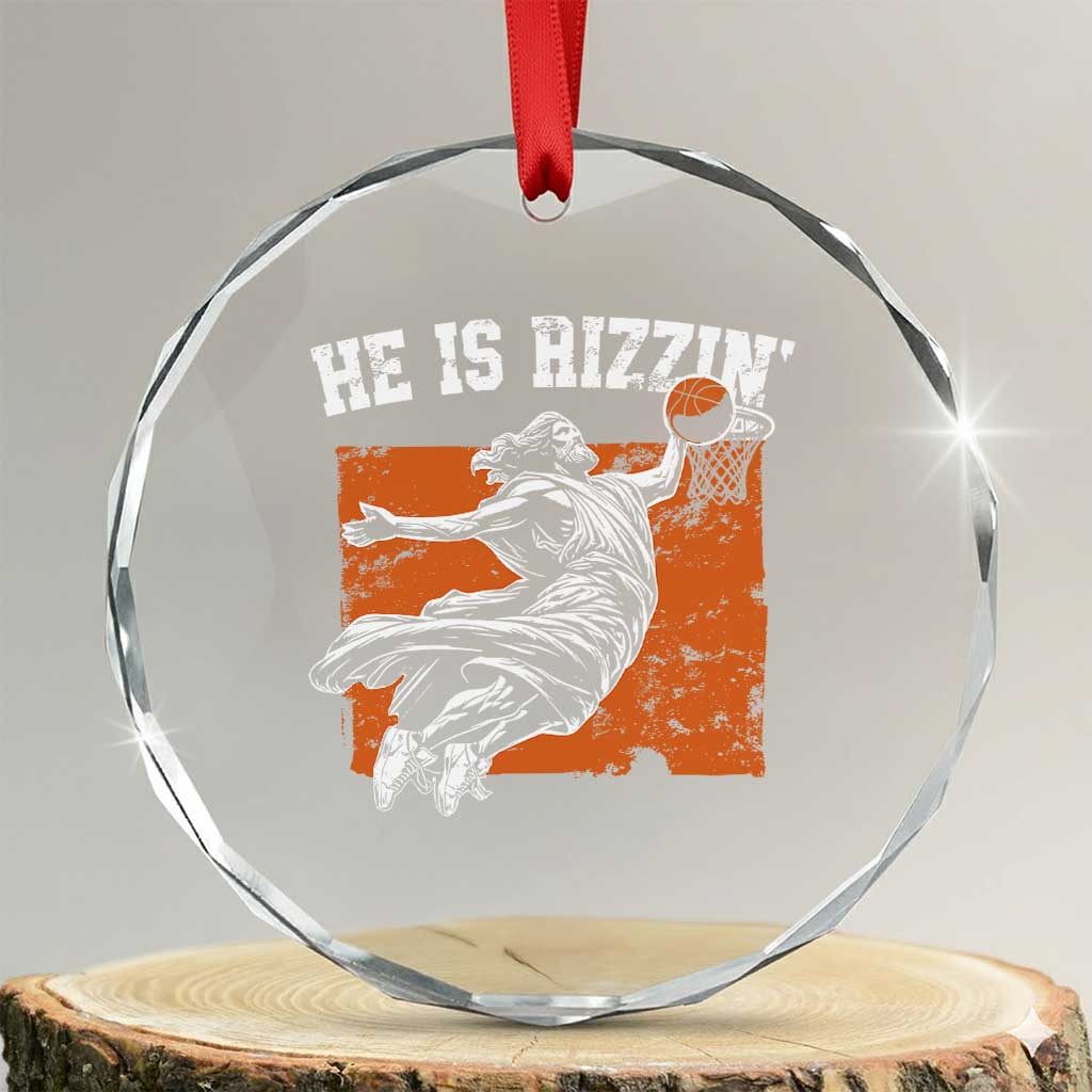 He is Rizzin Crystal Glass Ornament Funny Jesus Playing Basketball Vintage Faith - Wonder Print Shop
