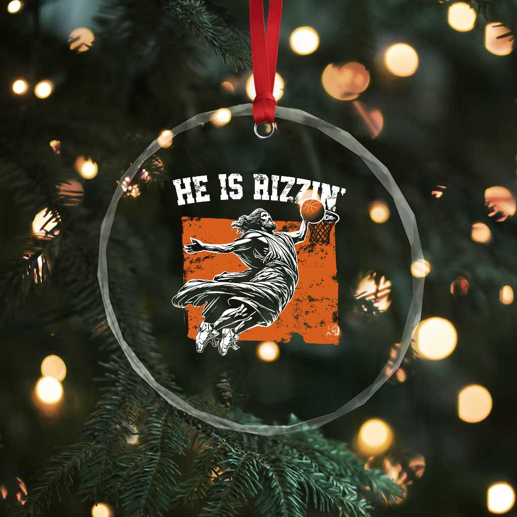 He is Rizzin Crystal Glass Ornament Funny Jesus Playing Basketball Vintage Faith - Wonder Print Shop