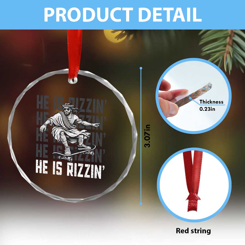 He Is Rizzin Funny Christian Easter Skateboarding Jesus Meme Crystal Glass Ornament Faith Humor Trendy Youth Gift