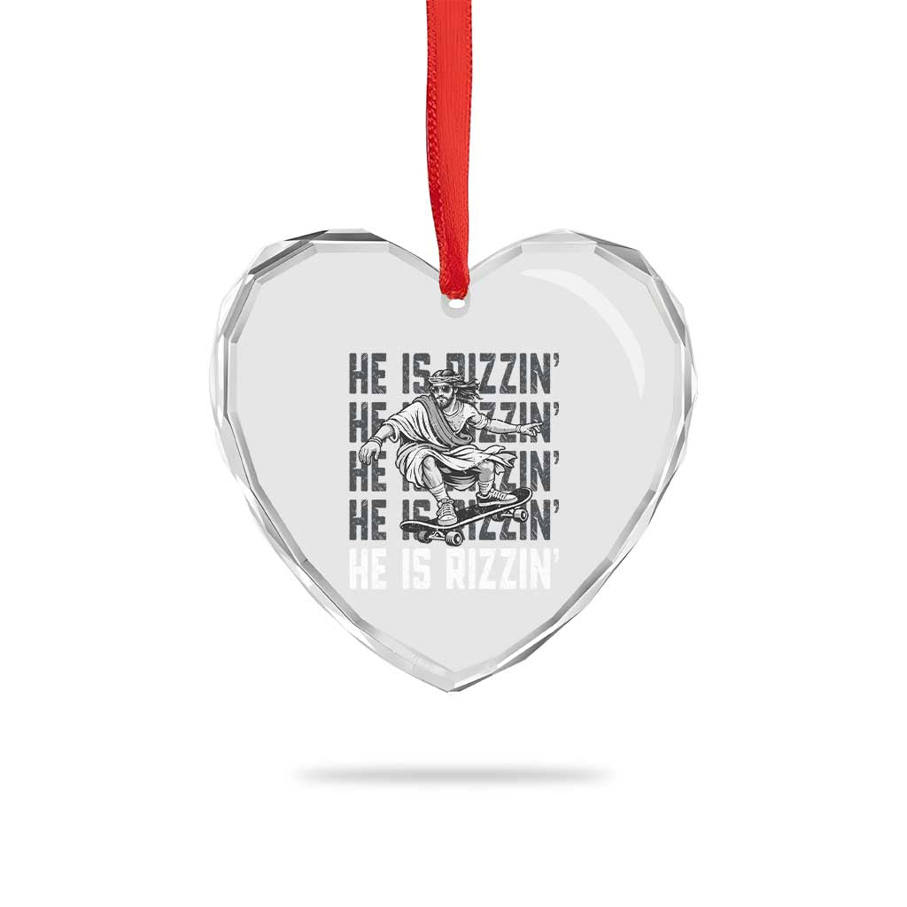 He Is Rizzin Funny Christian Easter Skateboarding Jesus Meme Heart Crystal Glass Ornament Faith Humor Trendy Youth Gift